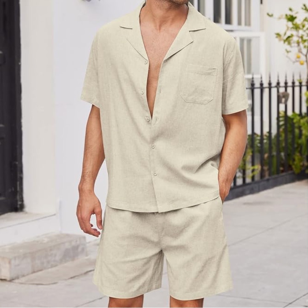 COOFANDY Men's Beige Short Sleeve Shirt and Shorts Set